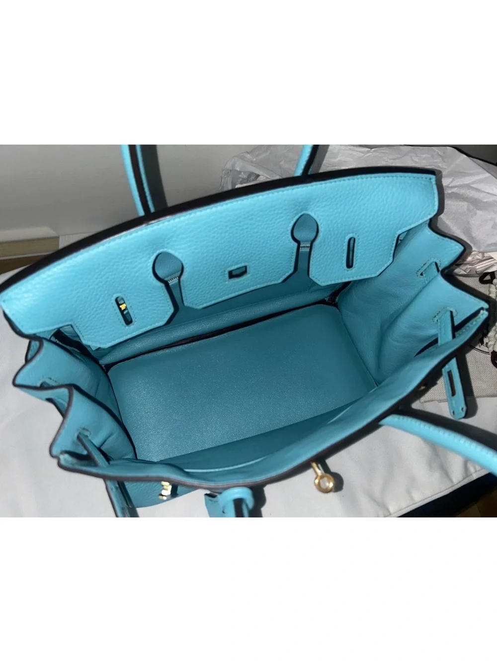 HERMES Birkin 30 Bleu Atoll Clemence Leather Gold Hardware Handbag